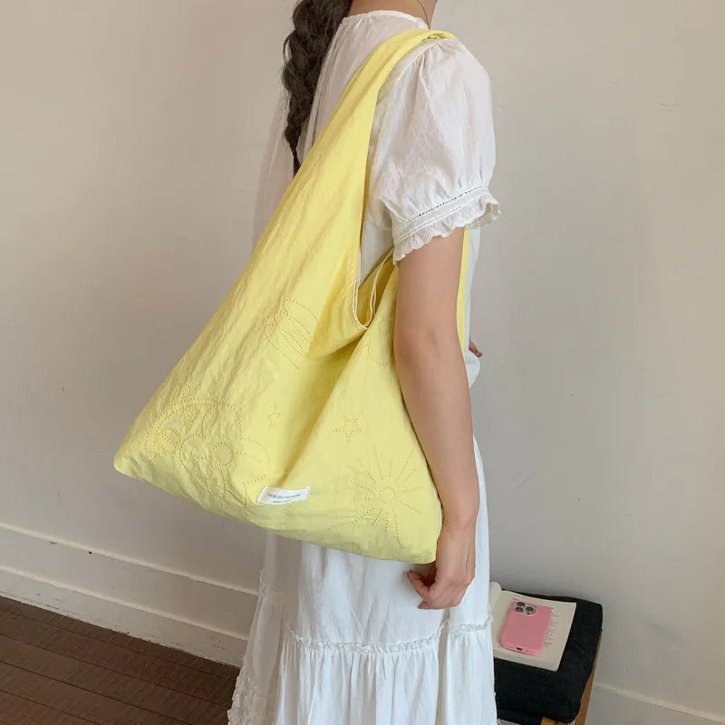 Korean Floral Embroidery Tote Bag – Large Shoulder Handbag