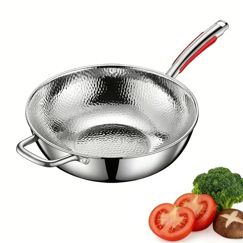 FEB.WIND Uncoated Stainless Steel Wok Flat Bottom Frying Pan Stainless Steel Wok Nixie