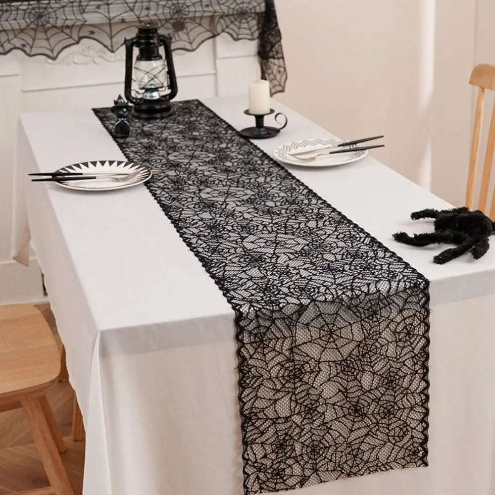 Black Halloween Lace Table Runner – Gothic Spider Web Cobweb