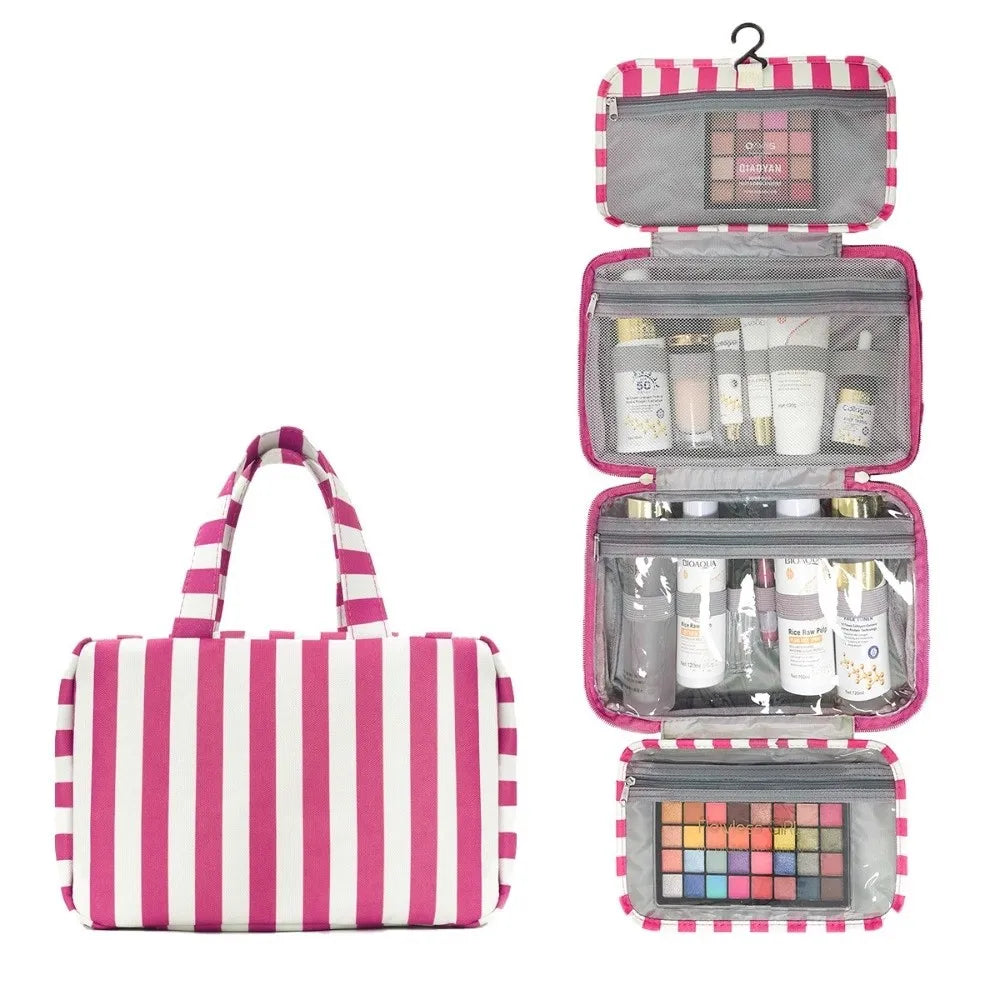 Hanging Travel Toiletry Bag 4-Fold Striped Cosmetic Organizer Travel Toiletry Bag Nixie Rose Red