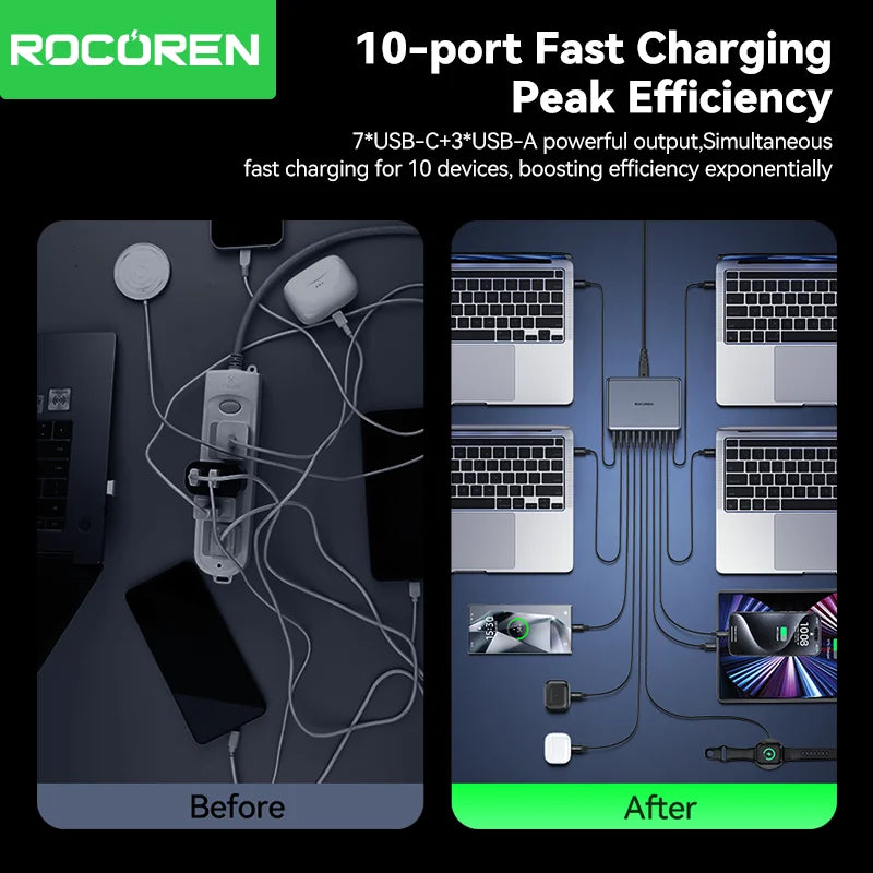 Rocoren 400W GaN Charger 10-Port USB-C Desktop Power Station