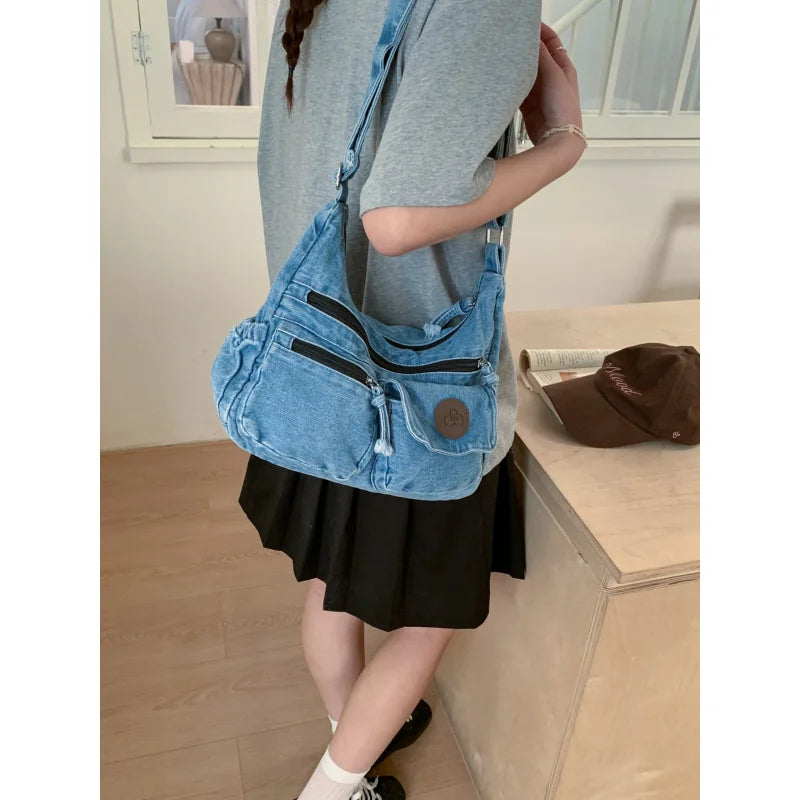 Japanese Washed Denim Multi-Pocket Women's Shoulder Bag Denim Shoulder Bag Nixie
