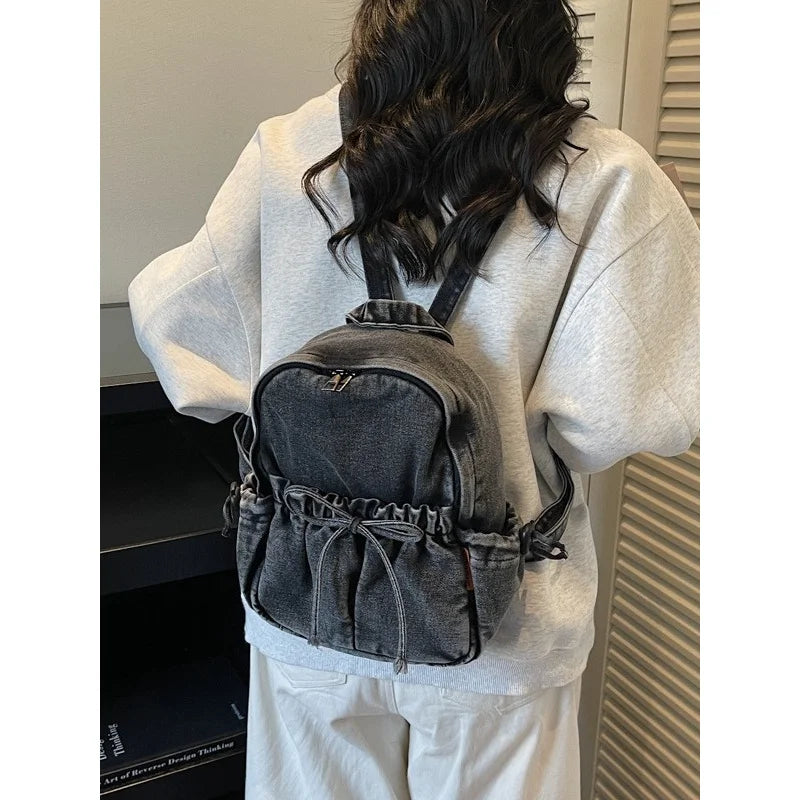 Vintage Washed Distressed Denim Mini Backpack for Women Denim Mini Backpack Nixie