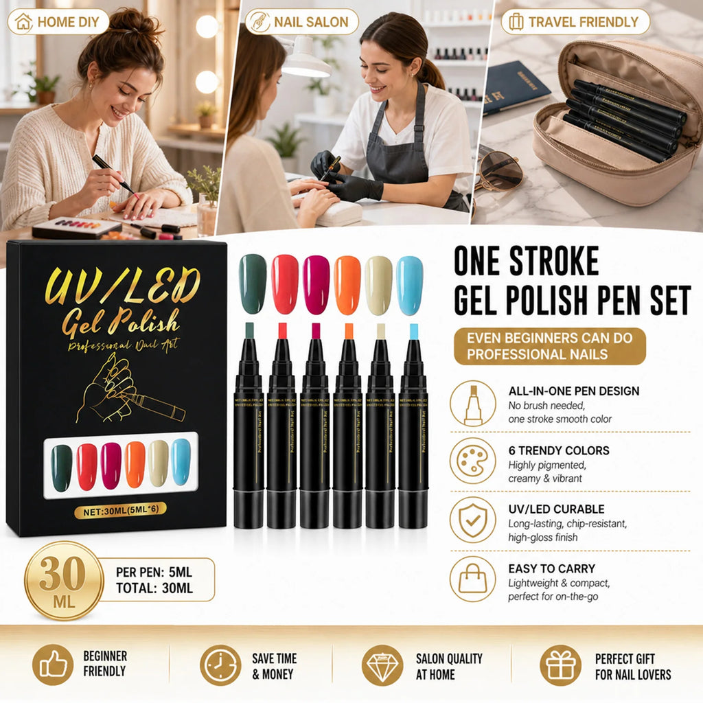 6-Piece UV LED Gel Nail Polish Pen Set – Vibrant DIY Colors Gel Nail Polish Set Nixie