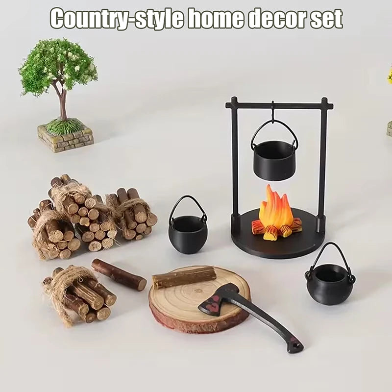 Fantasy Miniature Campfire & Teapot Resin Sculpture Decor Miniature Sculpture Nixie