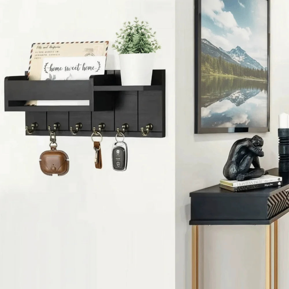 6-Hook Wooden Key Holder Wall Rack with Shelf & Mail Sorter