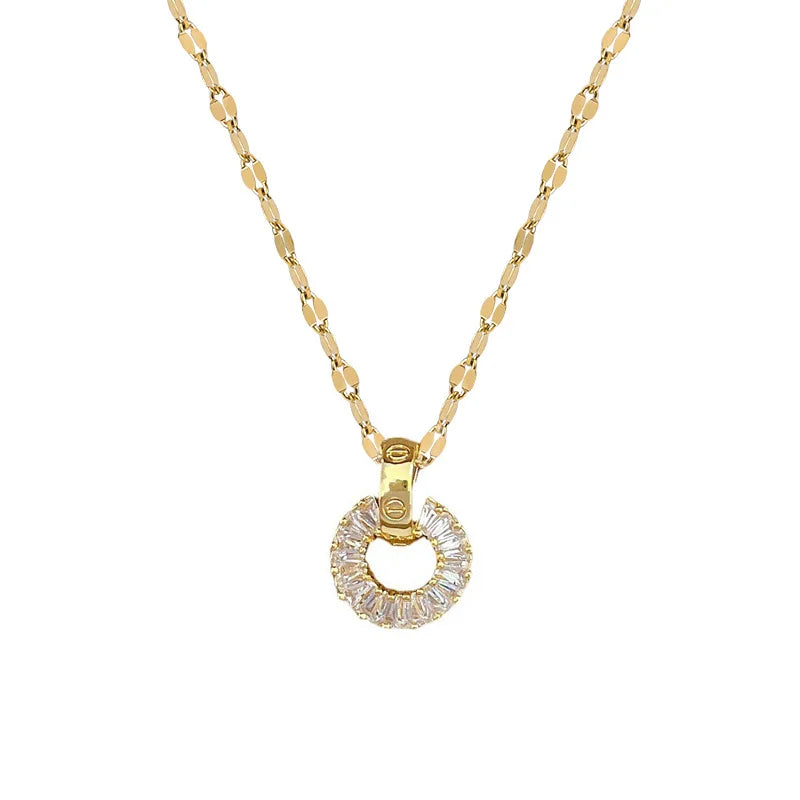 Women's Zircon Round Pendant Necklace | Gold Stainless Steel Pendant Necklace Nixie