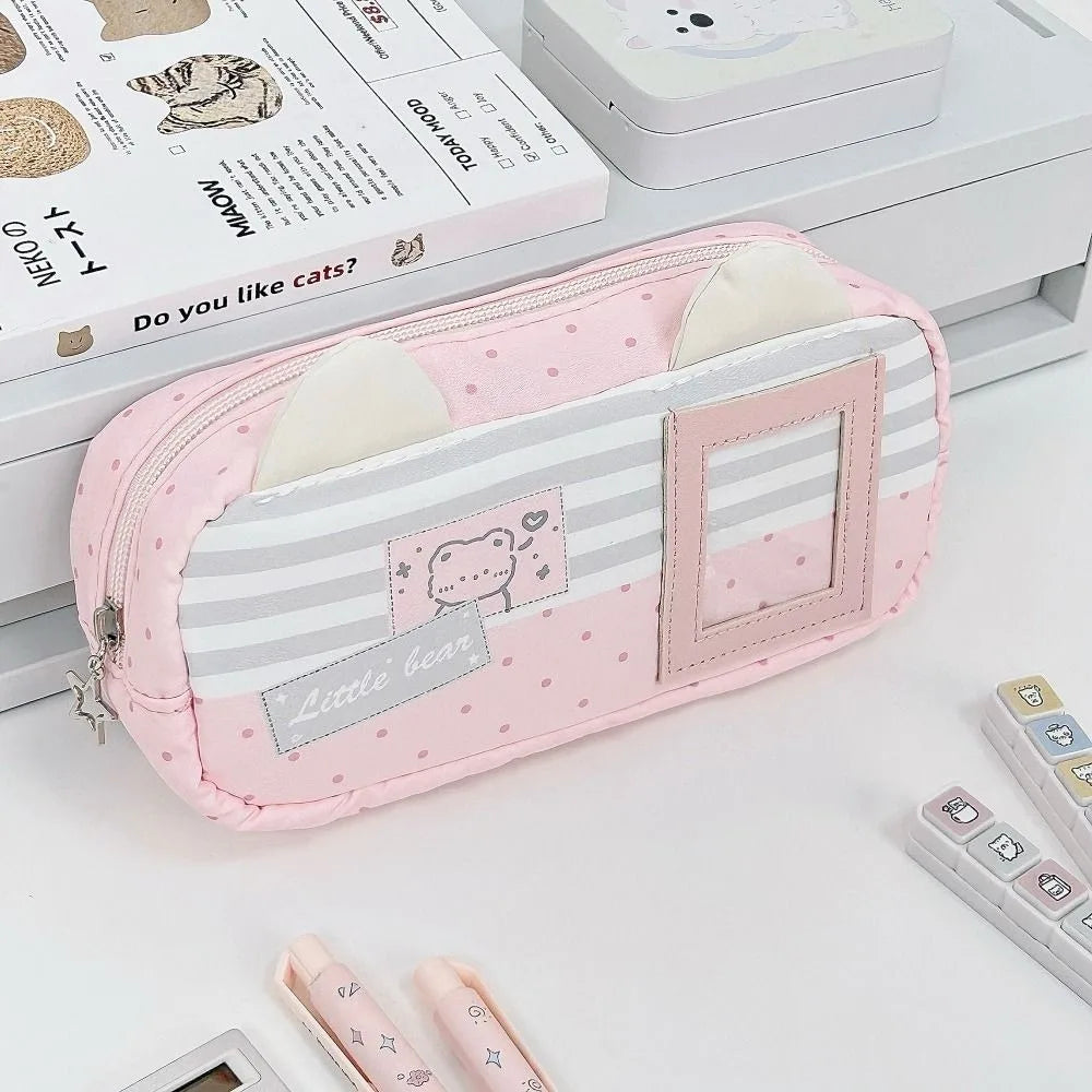 Kawaii Cat Ear Pencil Case Bear Print Pouch & Photo Window Pencil Case Pouch Nixie
