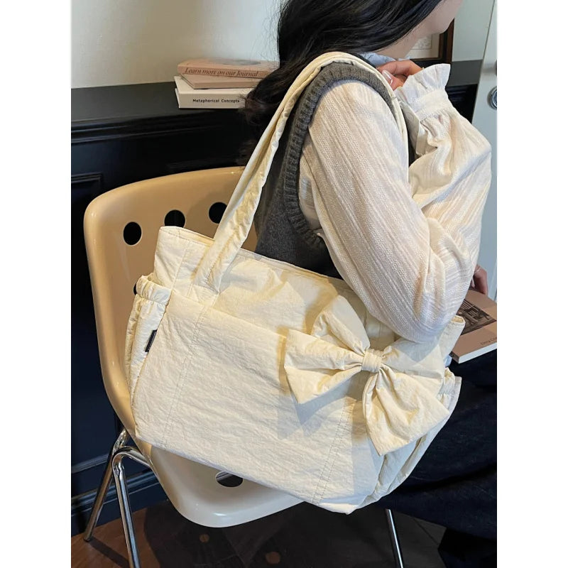 Nixie Quilted Bow Shoulder Bag – Women's Lightweight Tote Quilted Shoulder Bag Nixie