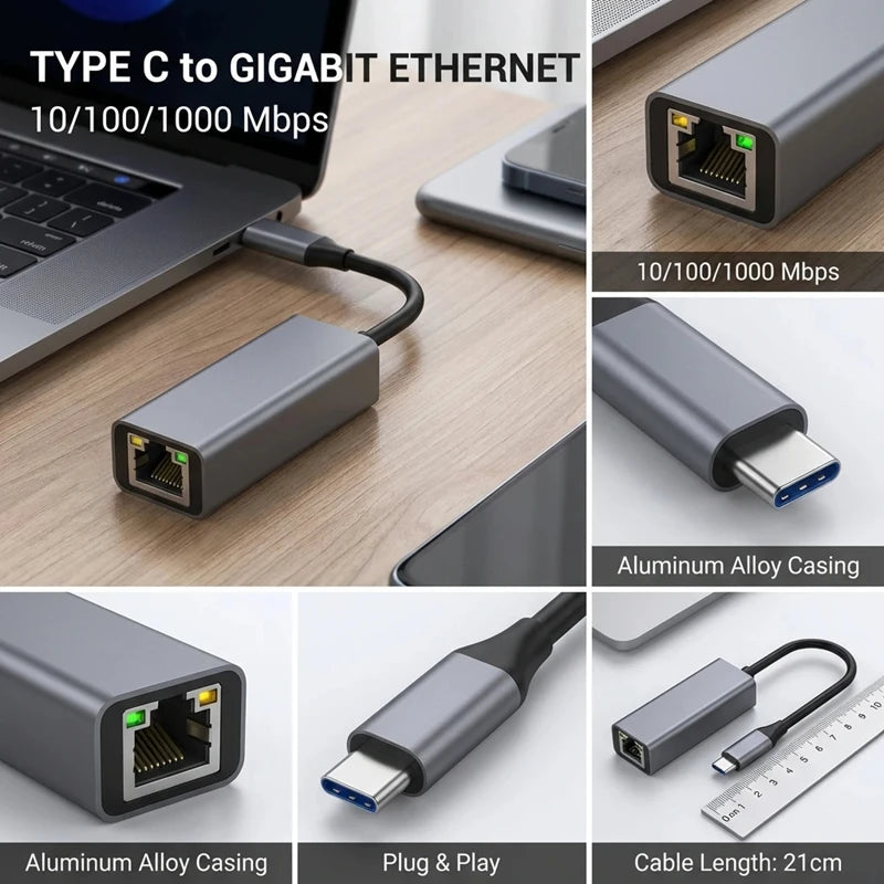 USB-C to RJ45 Gigabit Ethernet Adapter | 10/100/1000Mbps