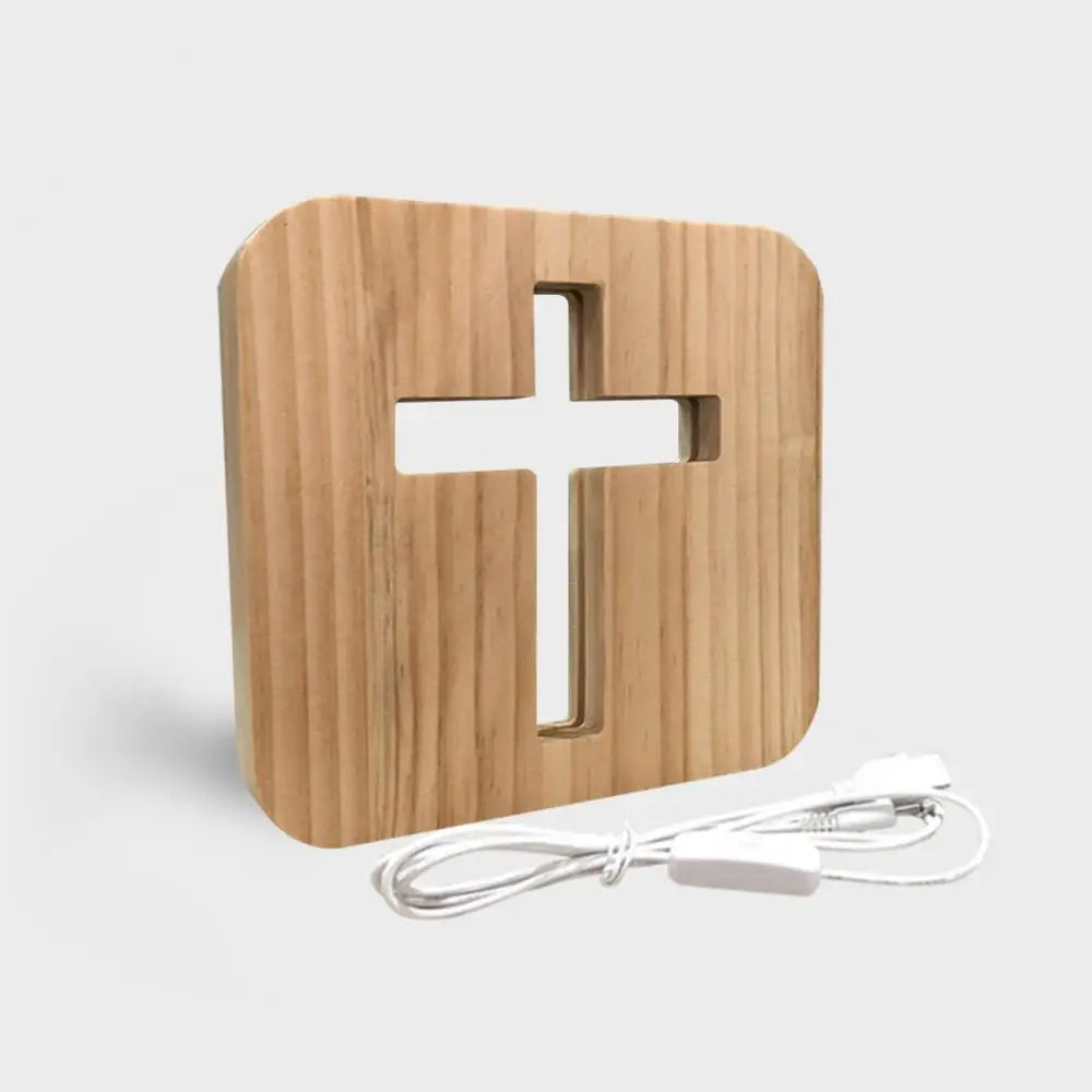 3D Wooden Cross USB LED Night Light – Christian Table Décor