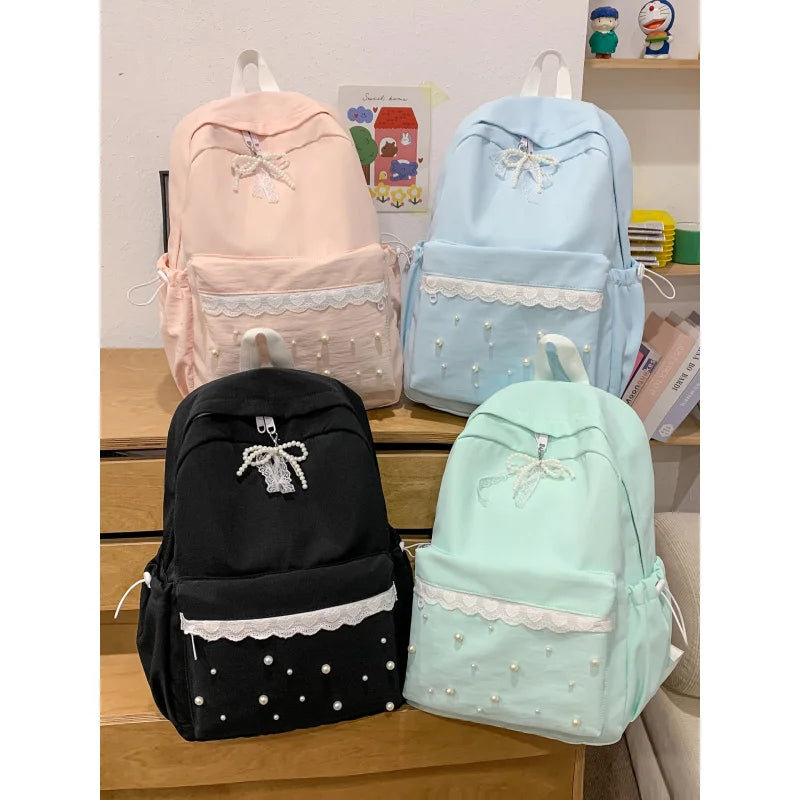 Girly Lace Pearl Backpack – Large Capacity Teen School Bag