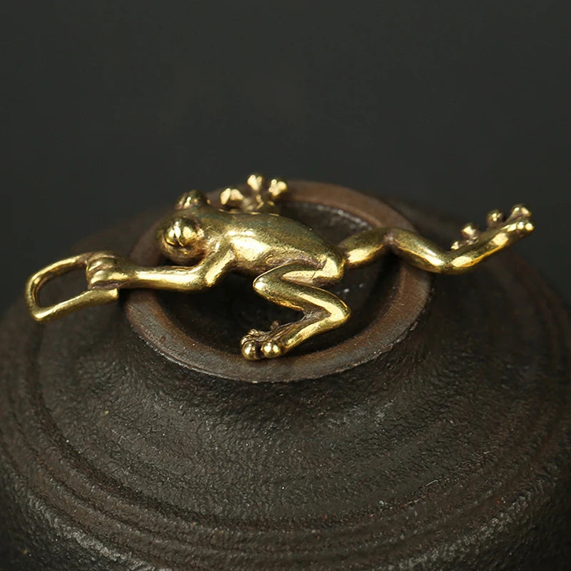 Solid Brass Leaping Frog Miniature Statue Keychain & Décor