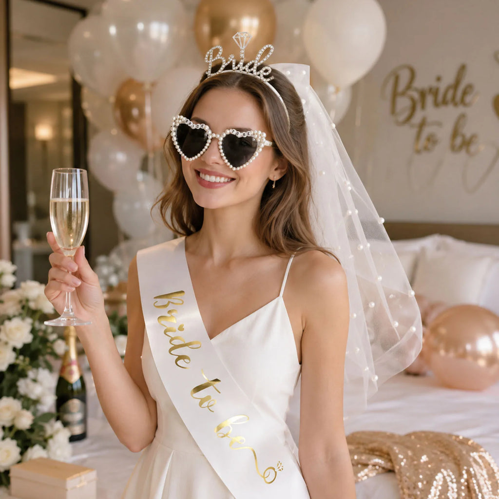 Bride to Be 4-Piece Set – Veil, Sash, Headband & Sunglasses