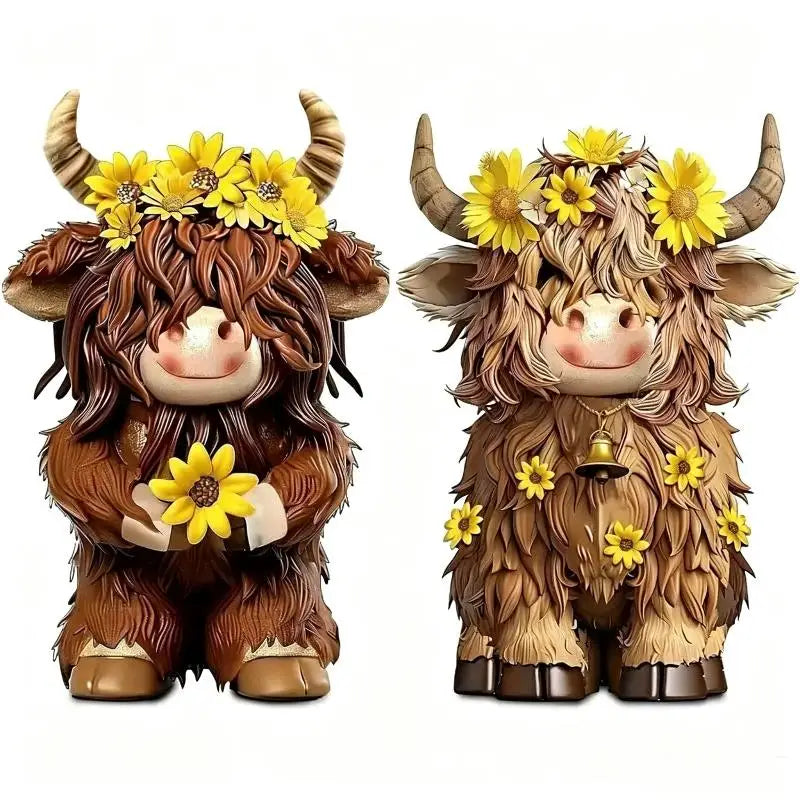 Resin Highland Cow Figurine Set – Sunflower Farmhouse Decor Resin Figurine Nixie A3