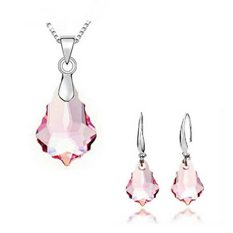 Crystal Drop Pendant Necklace & Earrings Set | Pink Rhinestone Jewelry Set Nixie Pink