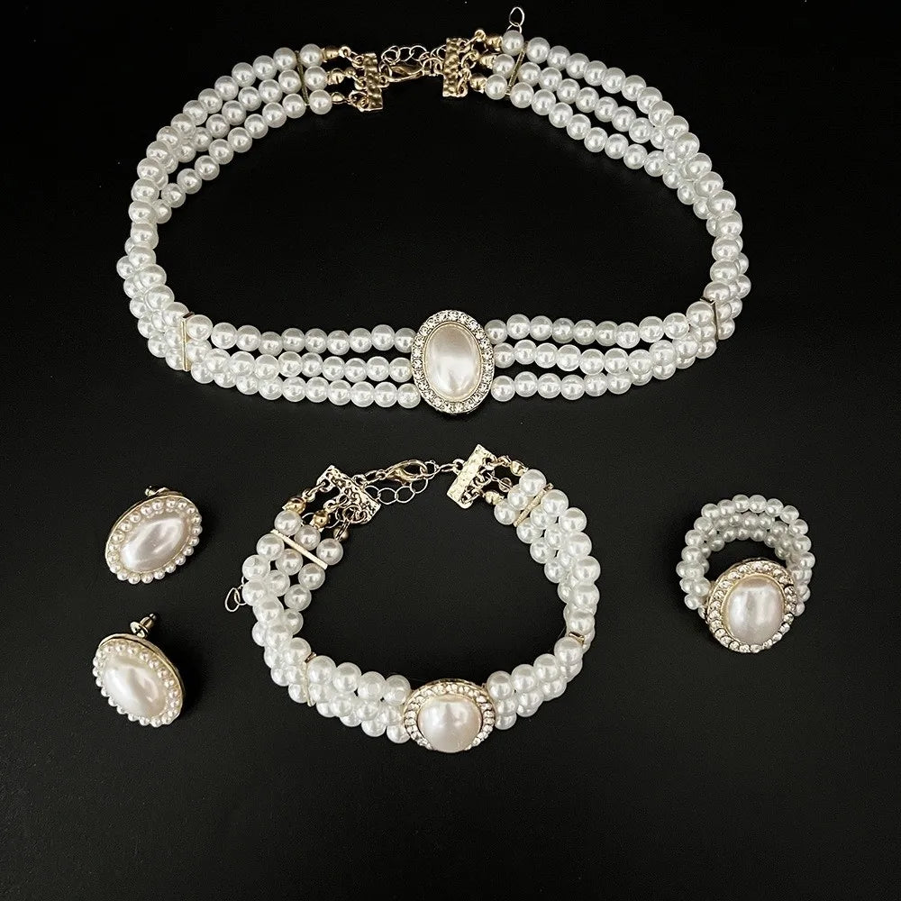 White Pearl Rhinestone Necklace Earrings Set – Bridal Jewelry