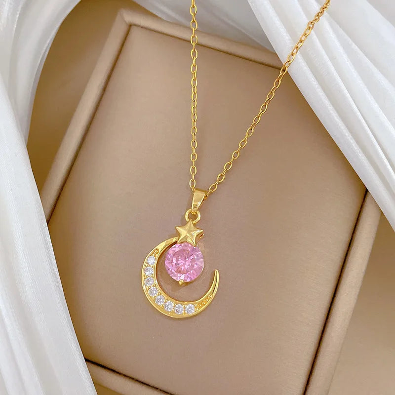 Pink Star Moon Pendant Necklace Gold Stainless Steel Women