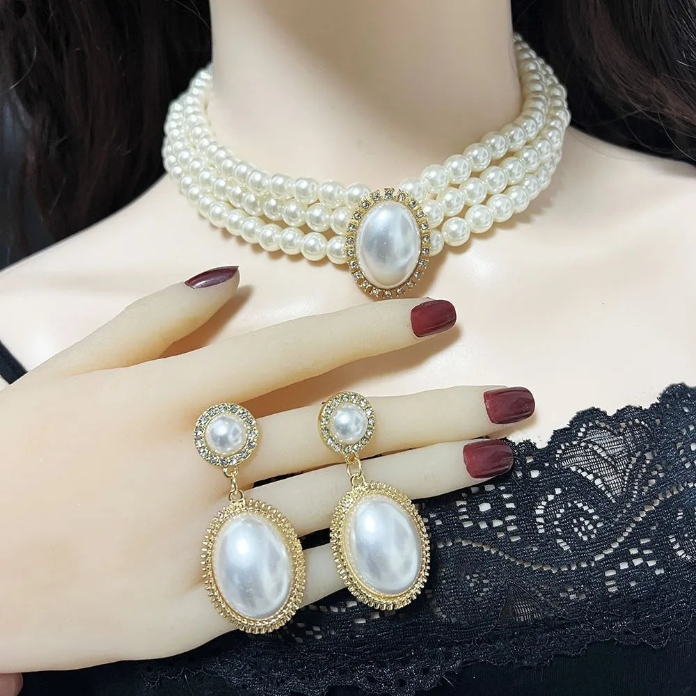 White Pearl Rhinestone Necklace Earrings Set – Bridal Jewelry