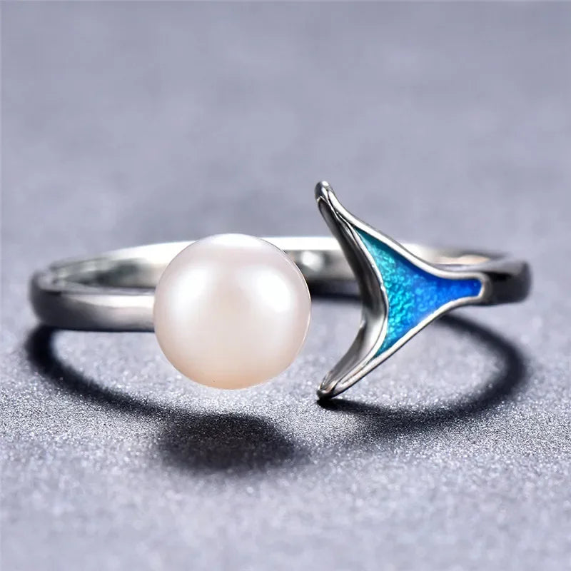 Mermaid Tail Adjustable Pearl Ring – Silver-Plated Women's Ring Fashion Ring Nixie