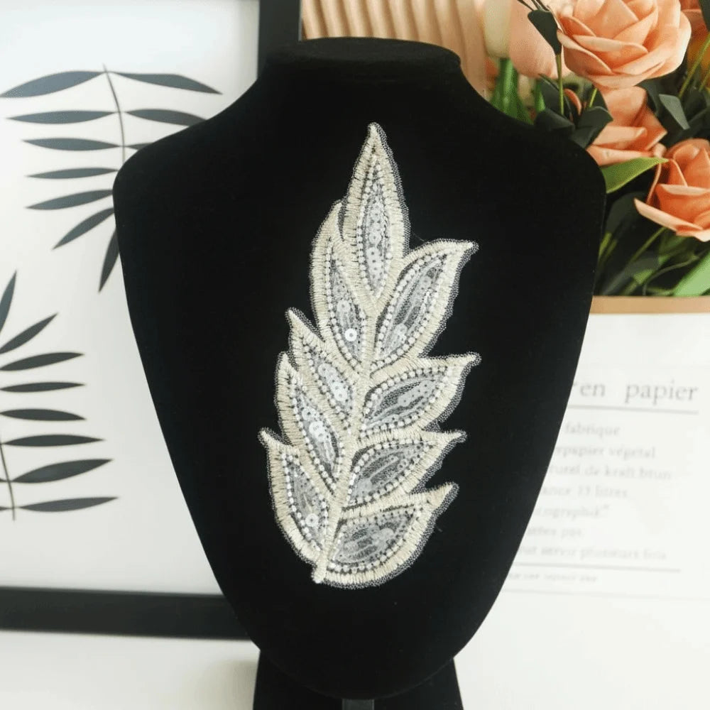3D Sequin Beaded Lace Patches – Bridal Flower & Leaves Design Lace Applique Patch Nixie