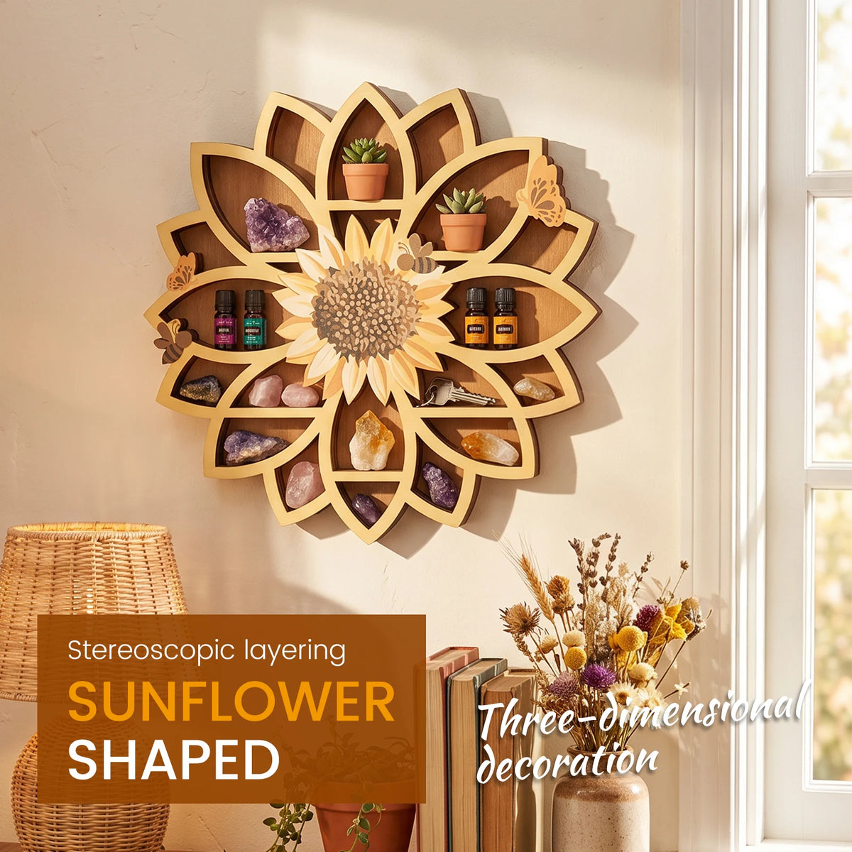 Sunflower Crystal Wall Shelf – Boho Farmhouse Wood Wall Decor