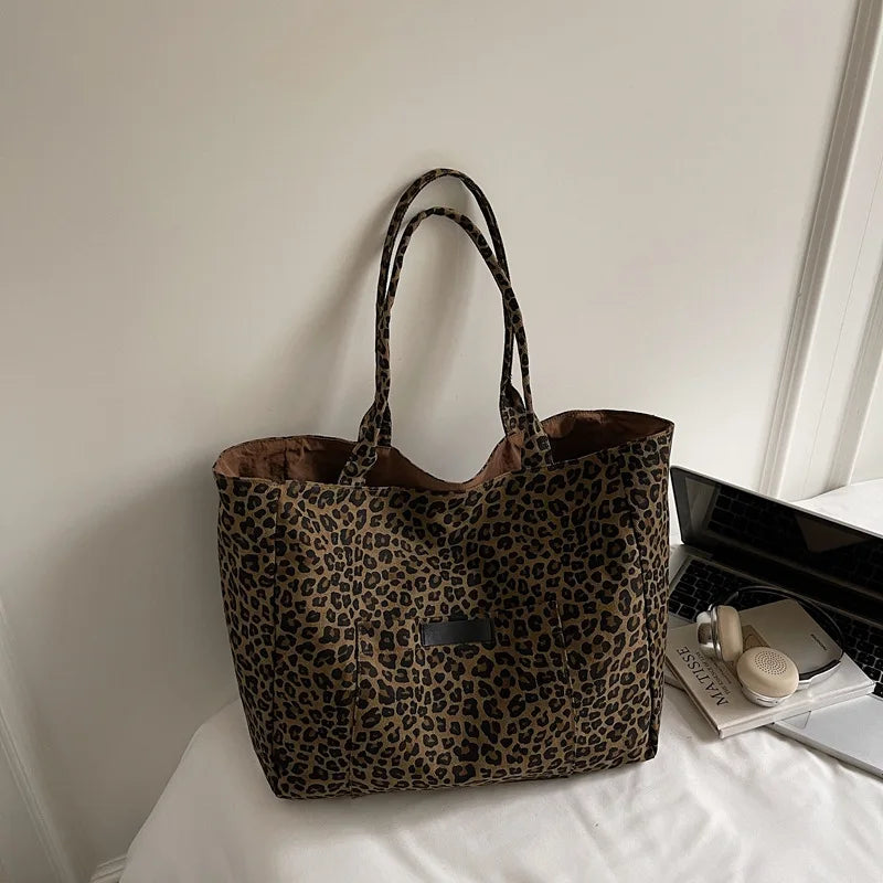Leopard Print Canvas Shoulder Bag – Korean Retro Women's Tote Canvas Shoulder Bag Nixie