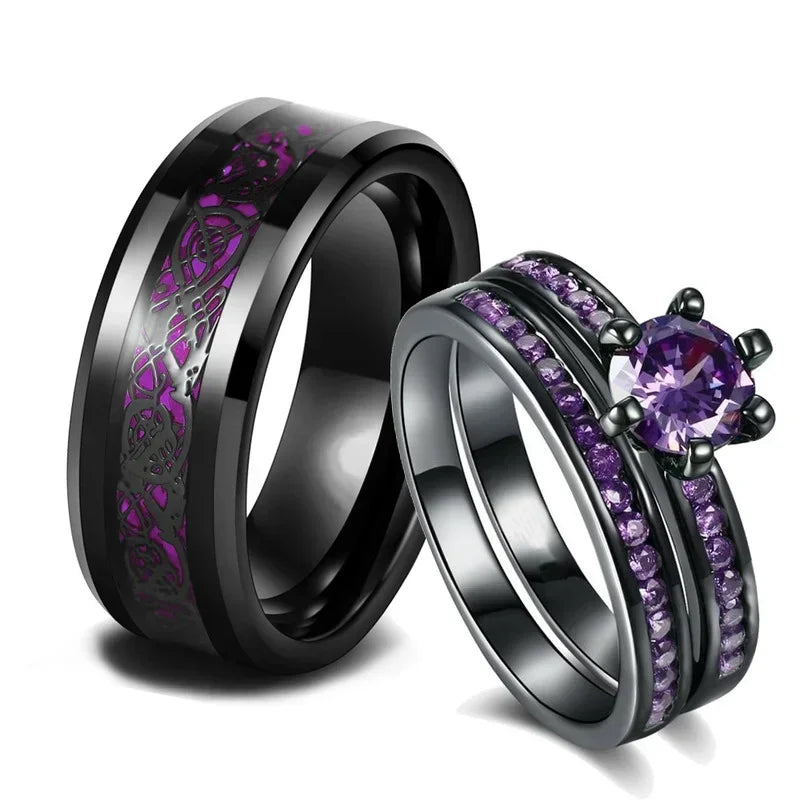 Celtic Dragon Couple Rings – Purple Rhinestone Stainless Steel Set Couple Ring Set Nixie