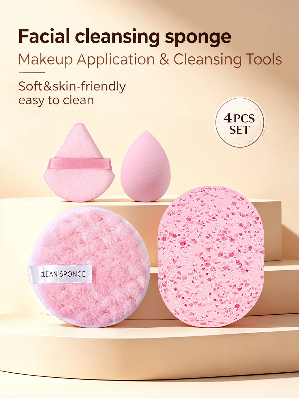 4-Piece Facial Cleansing Sponge Set – Wet & Dry Powder Puff Facial Cleansing Sponge Nixie Pink