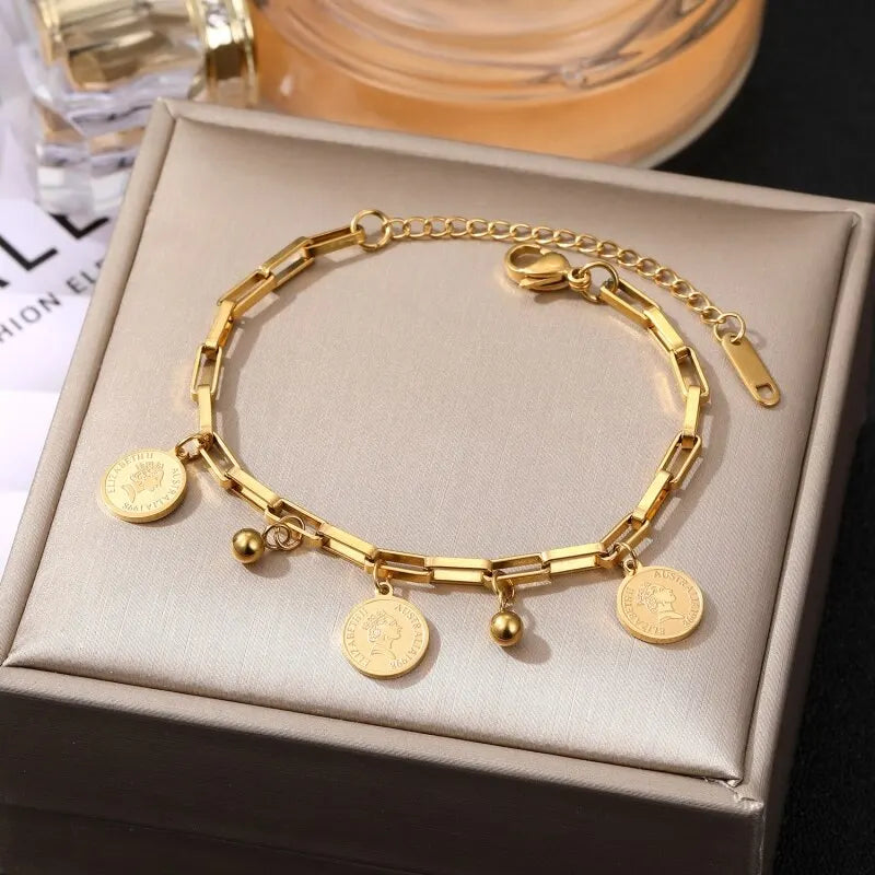 Gold-Tone Hip Hop Stainless Steel Chain Bracelet with Pendant Chain Link Bracelet Nixie