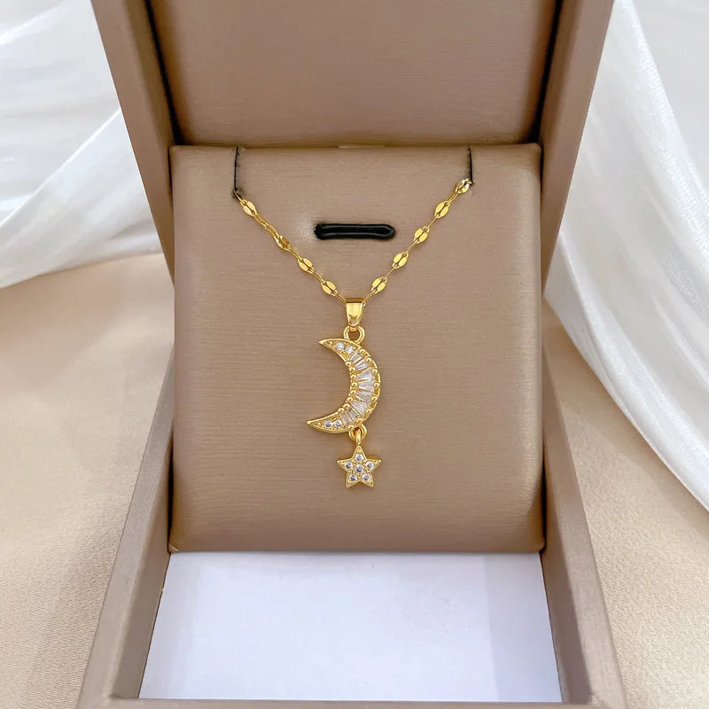 Star Moon Gold Pendant Necklace | Women's Collarbone Chain Pendant Necklace Nixie