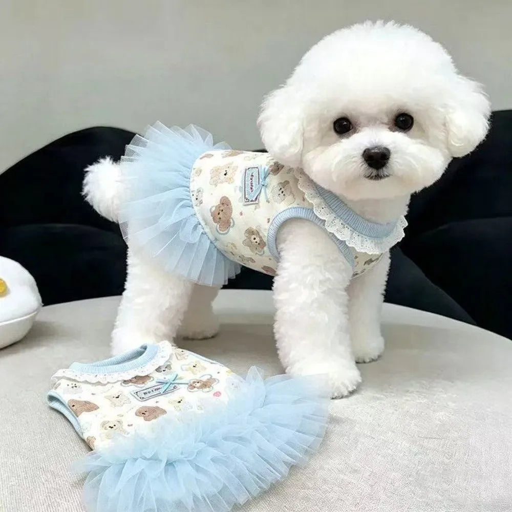 Cute Summer Princess Dress for Small Dogs – Blue Puppy Pattern Dog Dress Nixie