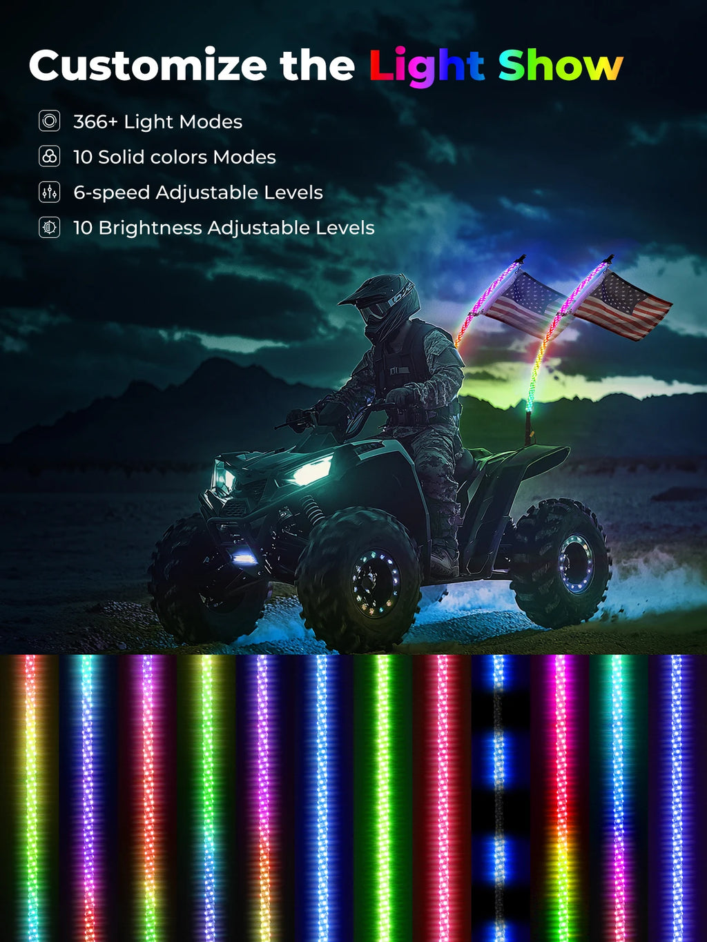 KEMIMOTO 3FT Spiral LED Whip Light | APP & RF Remote | IP67 LED Whip Light Nixie