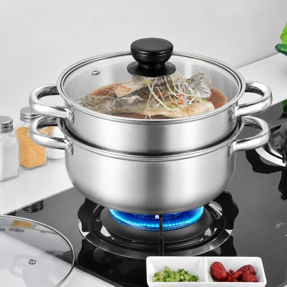 3-Piece Stainless Steel Steamer Pot Set with Glass Lid & Induction