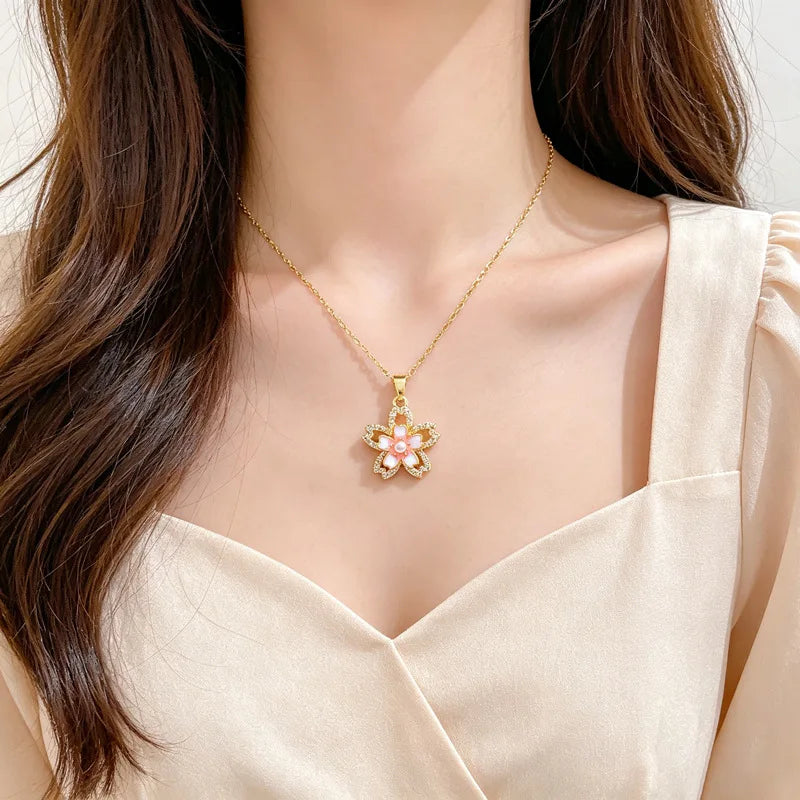 Flower Pendant Choker Necklace – Gold Stainless Steel & Zircon Pendant Choker Necklace Nixie