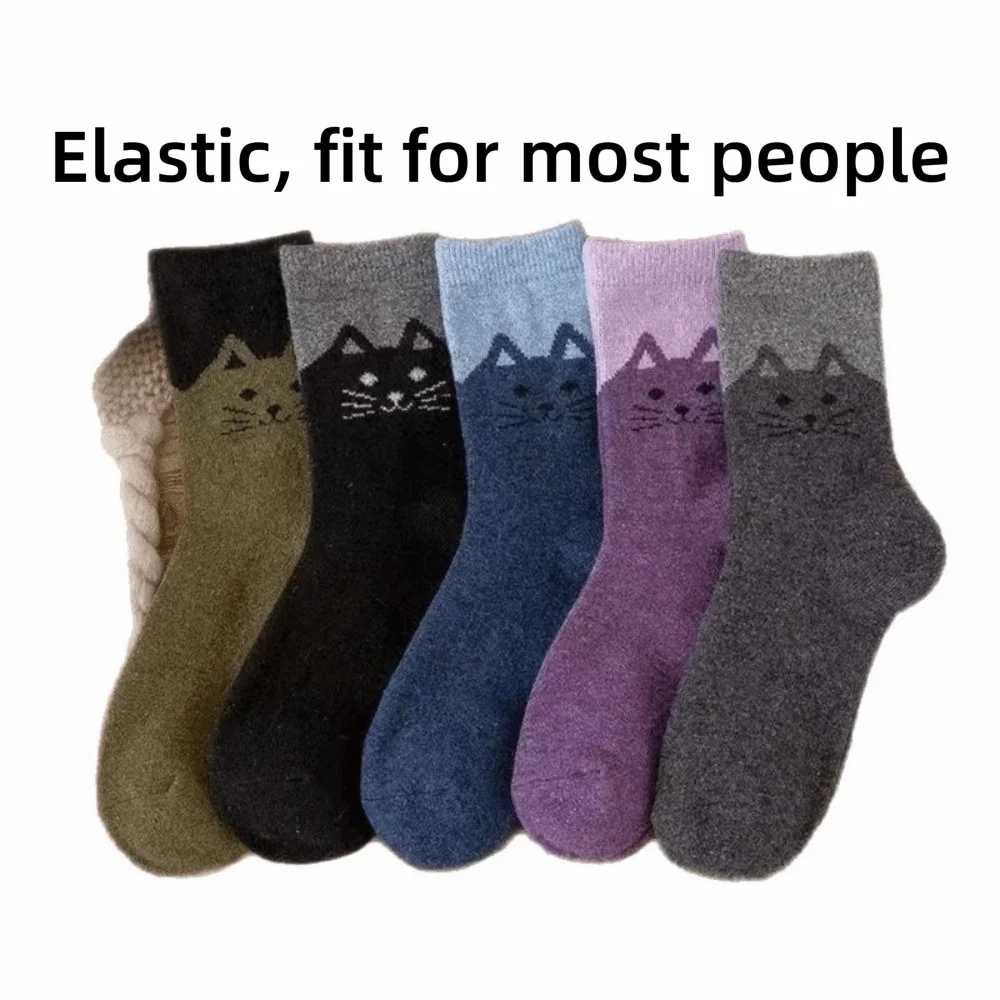 5 Pairs Women's Cotton Cartoon Cat Crew Socks | Mid-Calf Women's Crew Socks Nixie