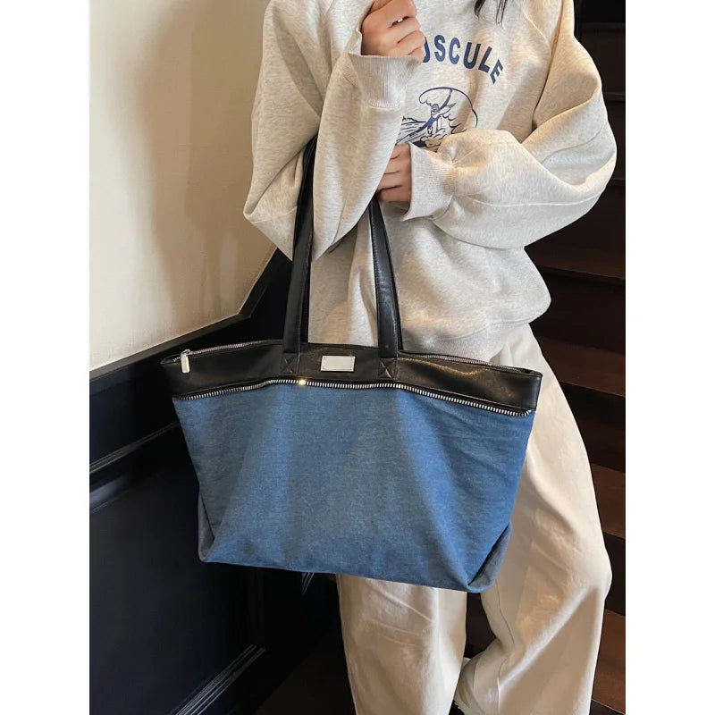 Women's Large Denim Tote Bag – Casual Commuter Shoulder Handbag Denim Tote Bag Nixie