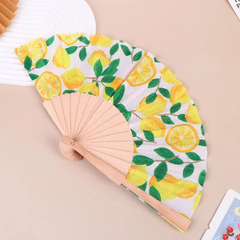 Lemon Print Folding Hand Fan – Bamboo & Fabric, 22.5cm Folding Hand Fan Nixie