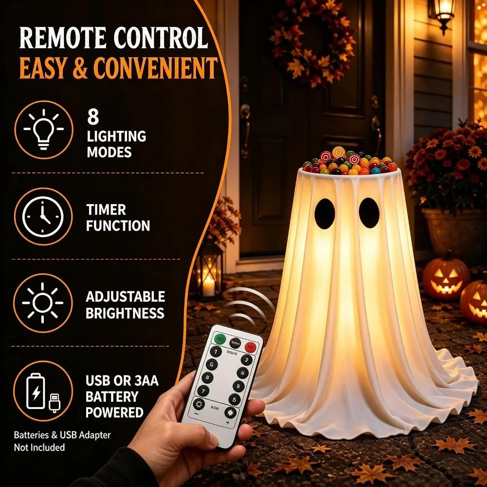Lighted Halloween Ghost Candy Bowl | LED, Remote & Timer