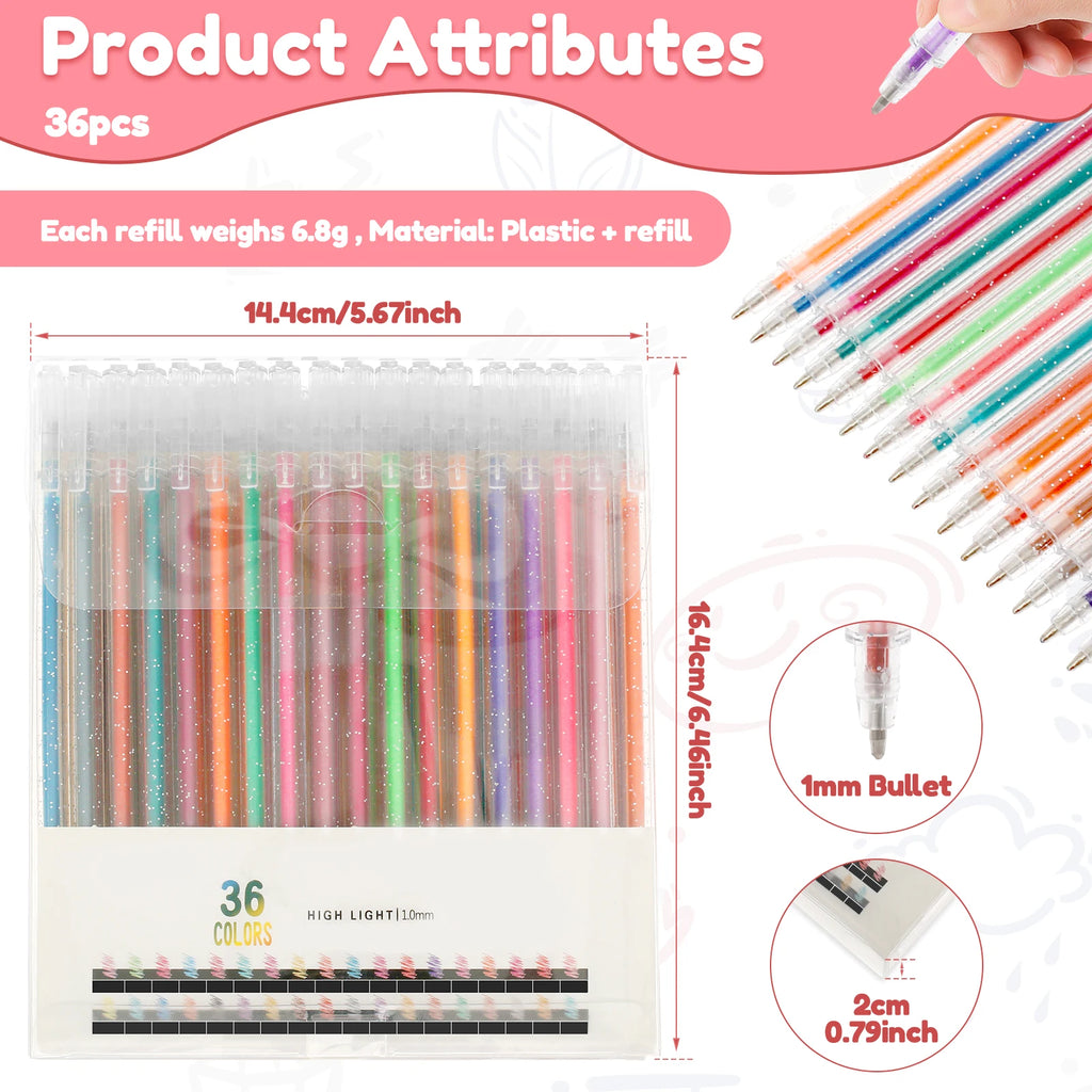 Glitter Gel Pen Set – 18 & 36 Neon Colors for Kids & Adults Glitter Gel Pen Set Nixie 36 sticks