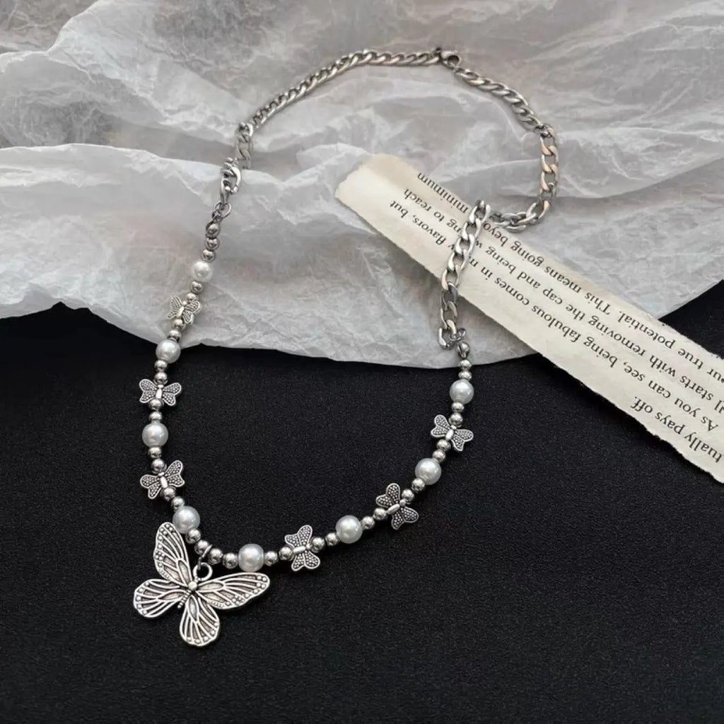 2PC Antique Silver Butterfly Faux Pearl Choker Necklace Set Choker Necklace Set Nixie