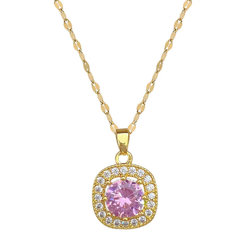 Square Zircon Pendant Necklace | Gold Stainless Steel Clavicle Chain Pendant Necklace Nixie
