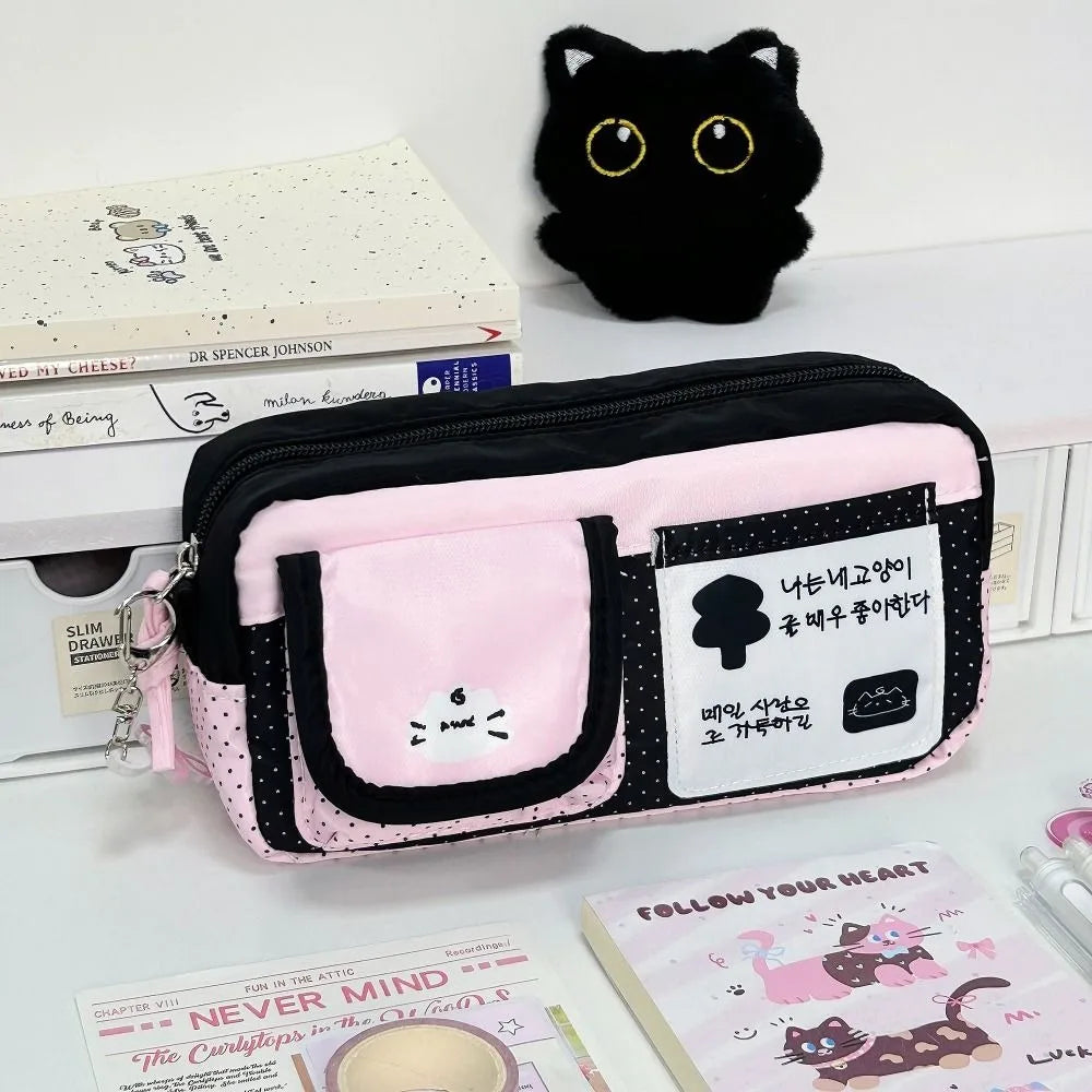 Pink Cat Print Pencil Case – Large Capacity Kawaii Pouch