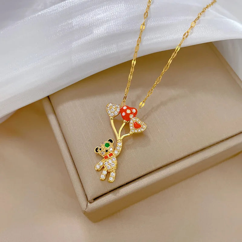 Balloon Bear Pendant Necklace – Gold Stainless Steel & Zircon Pendant Necklace Nixie