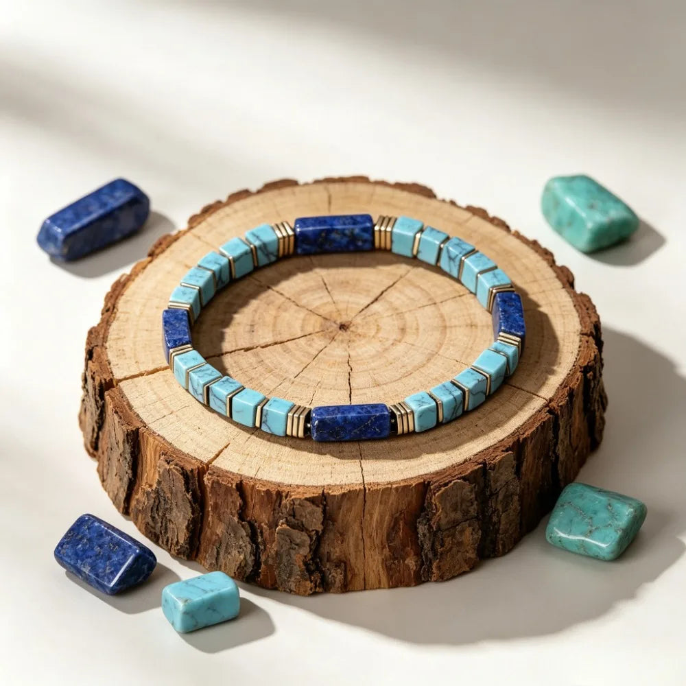 Natural Turquoise & Lapis Lazuli Square Tube Bracelet | Stackable Stone Strand Bracelet Nixie