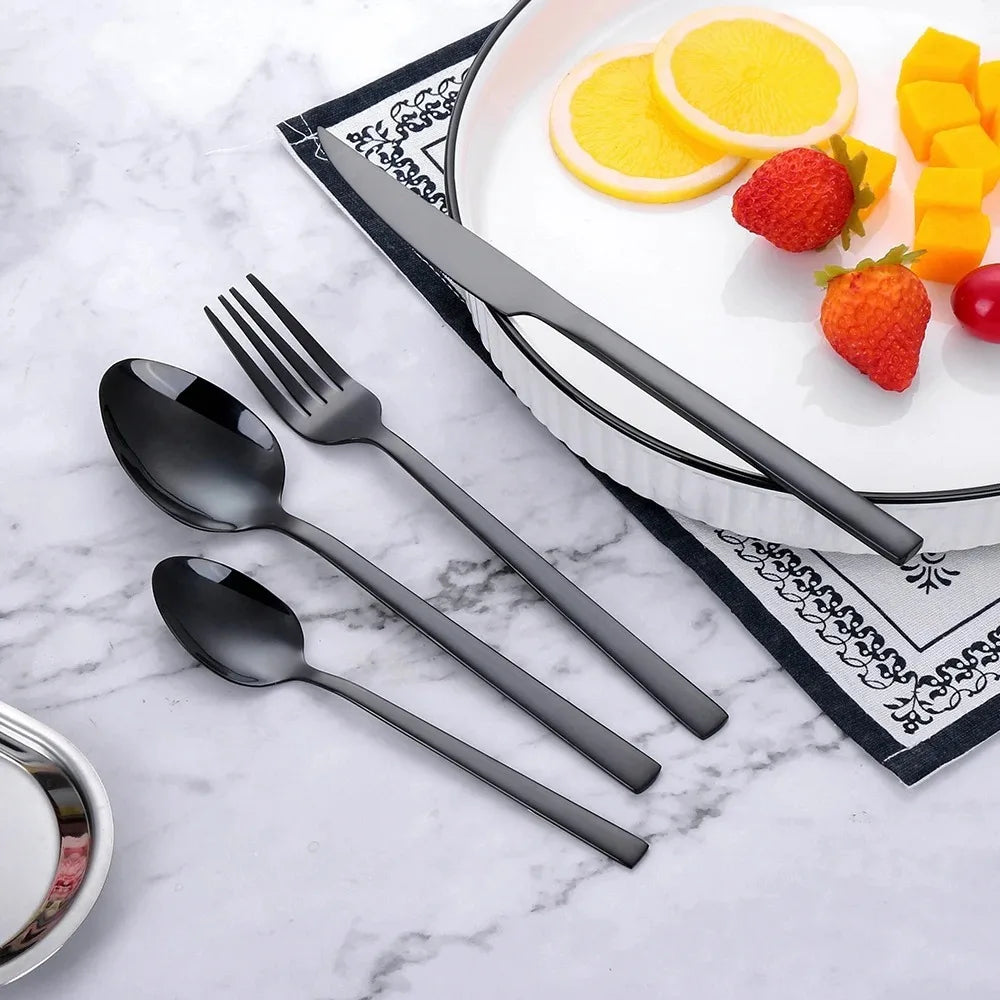 Black Stainless Steel Flatware Set – Mirror Cutlery Knife Fork Spoon