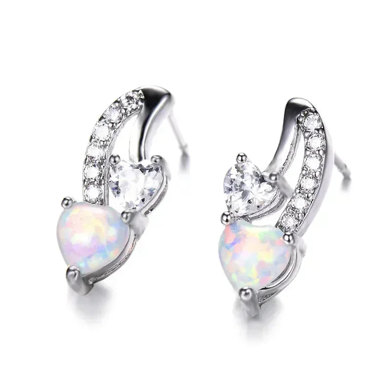 Simulated Opal Heart Drop Earrings – Zinc Alloy White Crystal