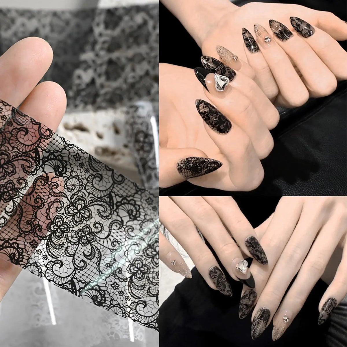 Lace Nail Art Foils Set – 10pc Black & White Stickers + Storage Box Nail Art Stickers Nixie