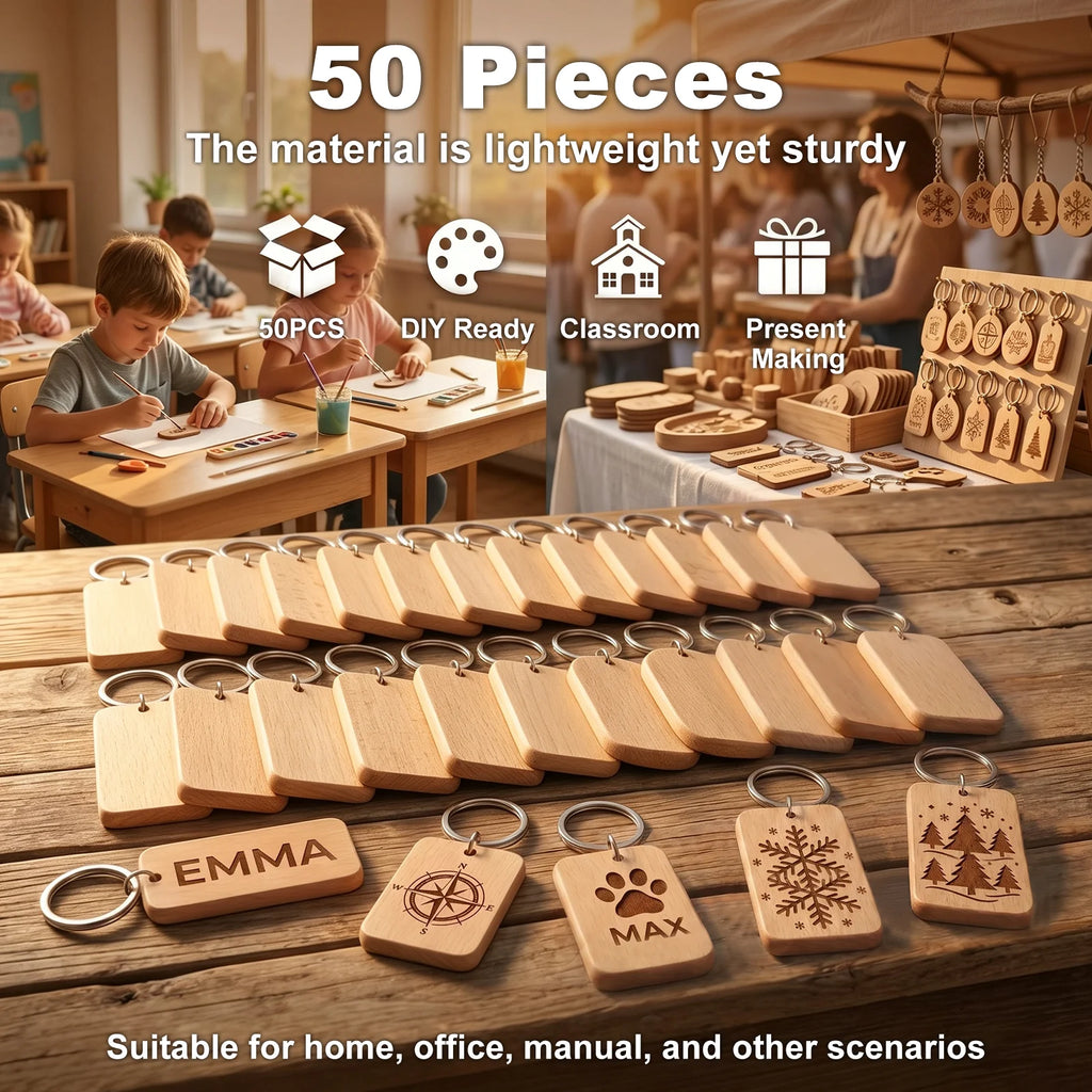 50Pcs Blank Wooden Keychains – Beech Wood DIY Engraving Craft DIY Wood Craft Blanks Nixie