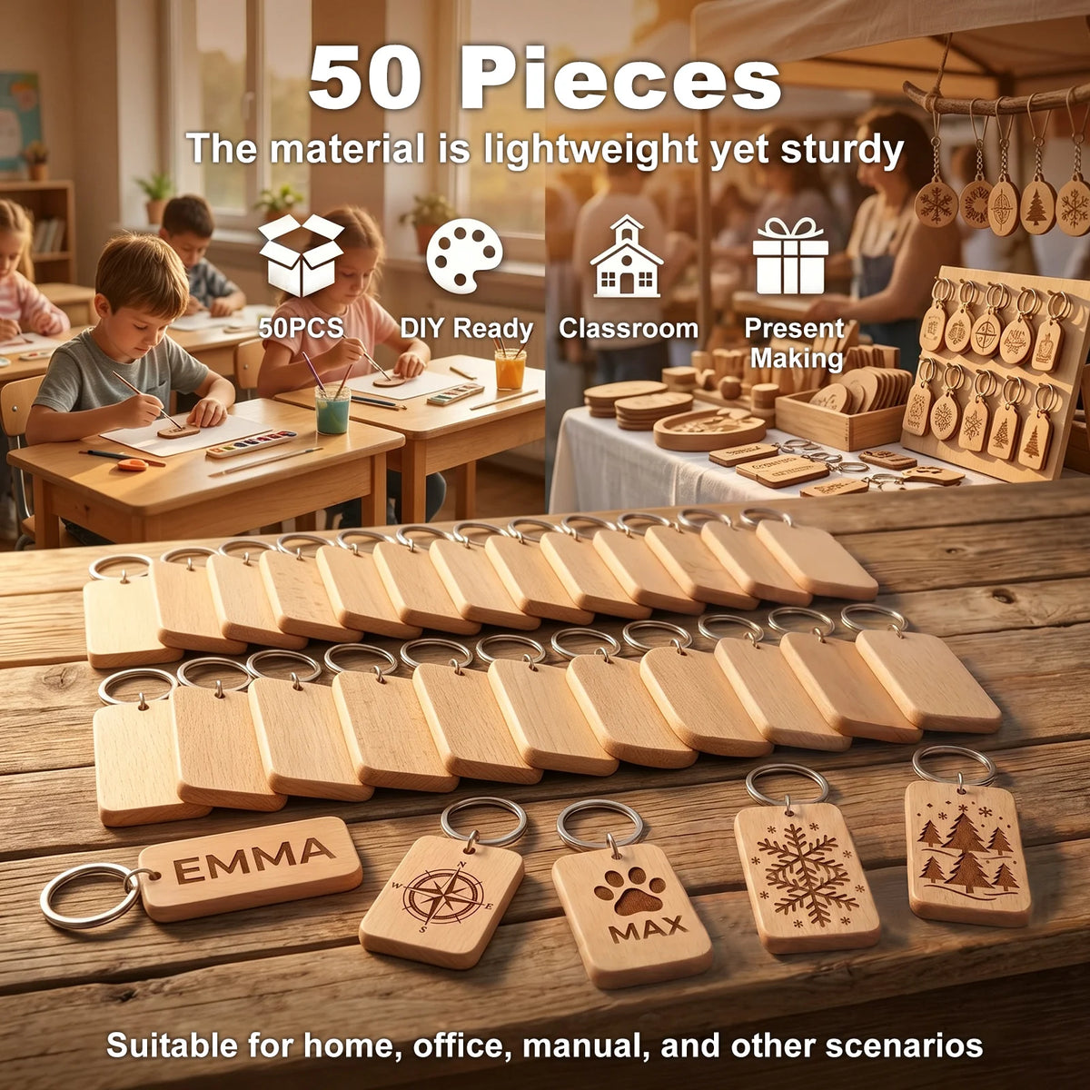 50Pcs Blank Wooden Keychains – Beech Wood DIY Engraving Craft DIY Wood Craft Blanks Nixie